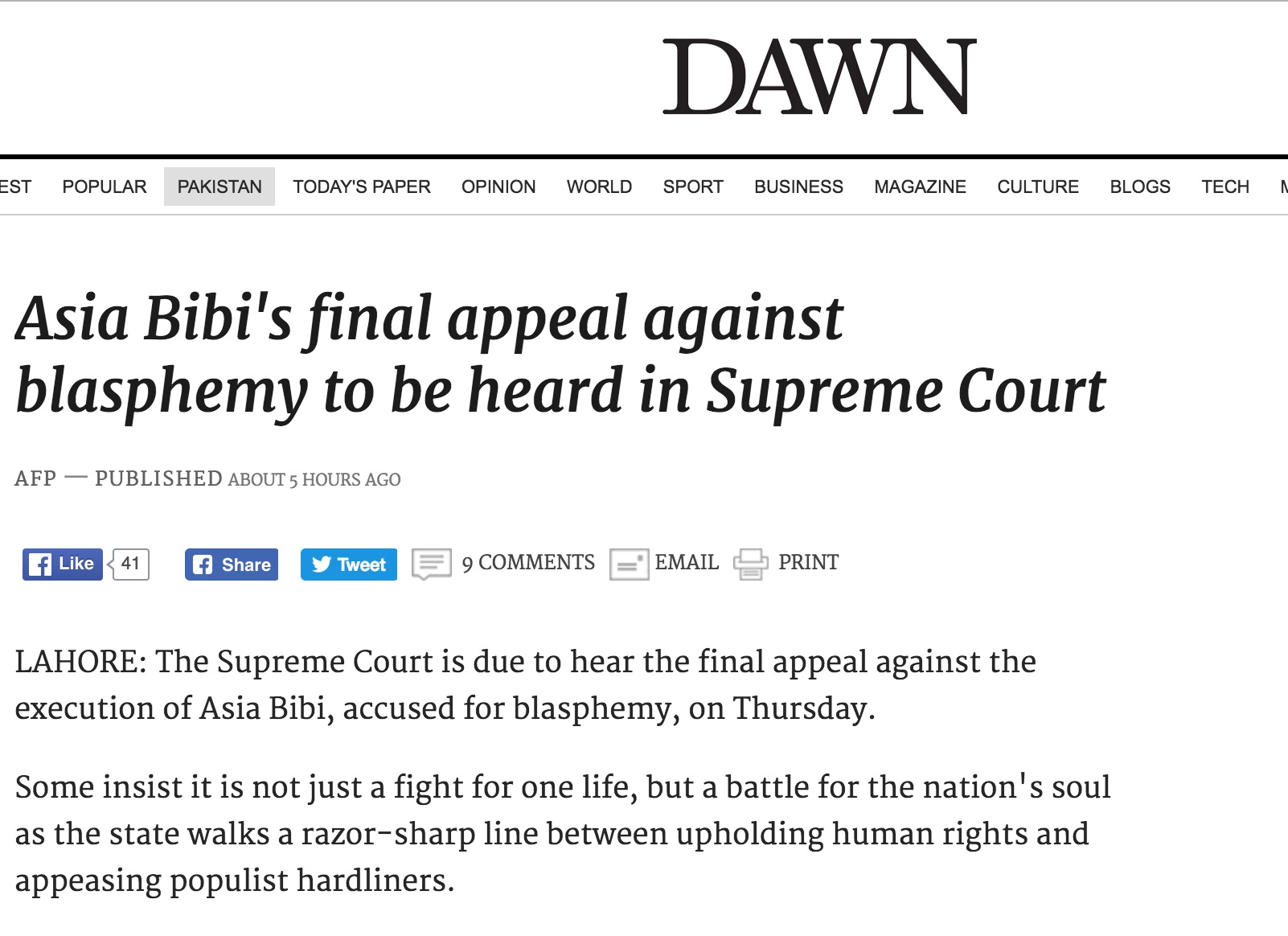 Asia Bibi est dans le couloir de la mort pakistanais depuis six ans. Copie d'écran du Dawn, le 12 octobre 2016.
