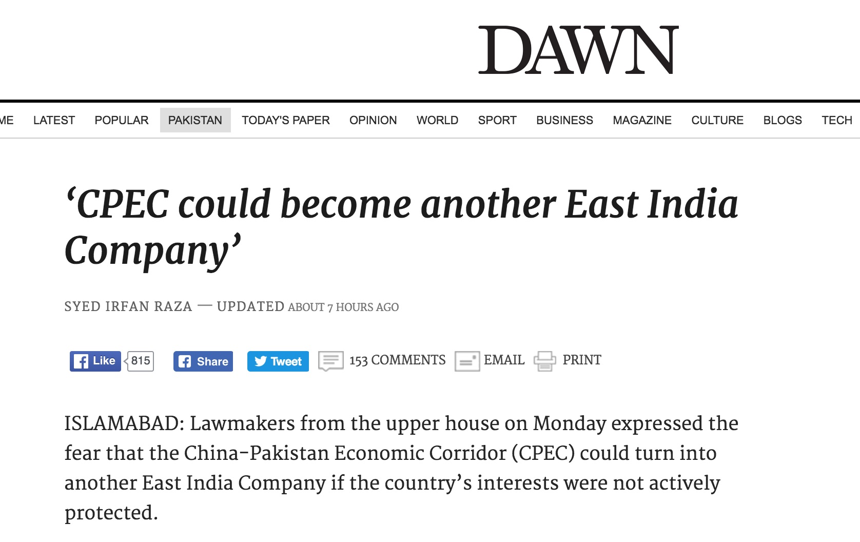 Certains craignent que le corridor économique sino-pakistanais aient des impacts négatifs sur la vie des Pakistanais. Copie d'écran de Dawn, le 18 octobre 2016.