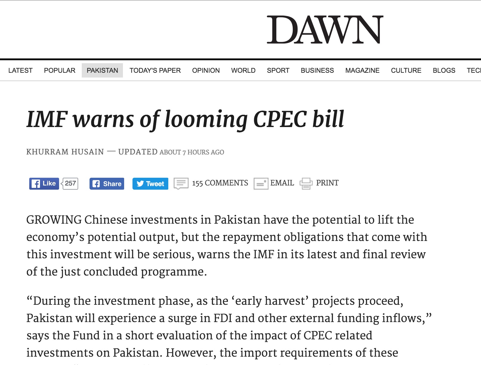 Si les investissement chinois seraient d'abord profitables à Islamabad, ce dernier devra ensuite rembourser de nombreux prêts. Copie d'écran de Dawn, le 17 octobre 2016.