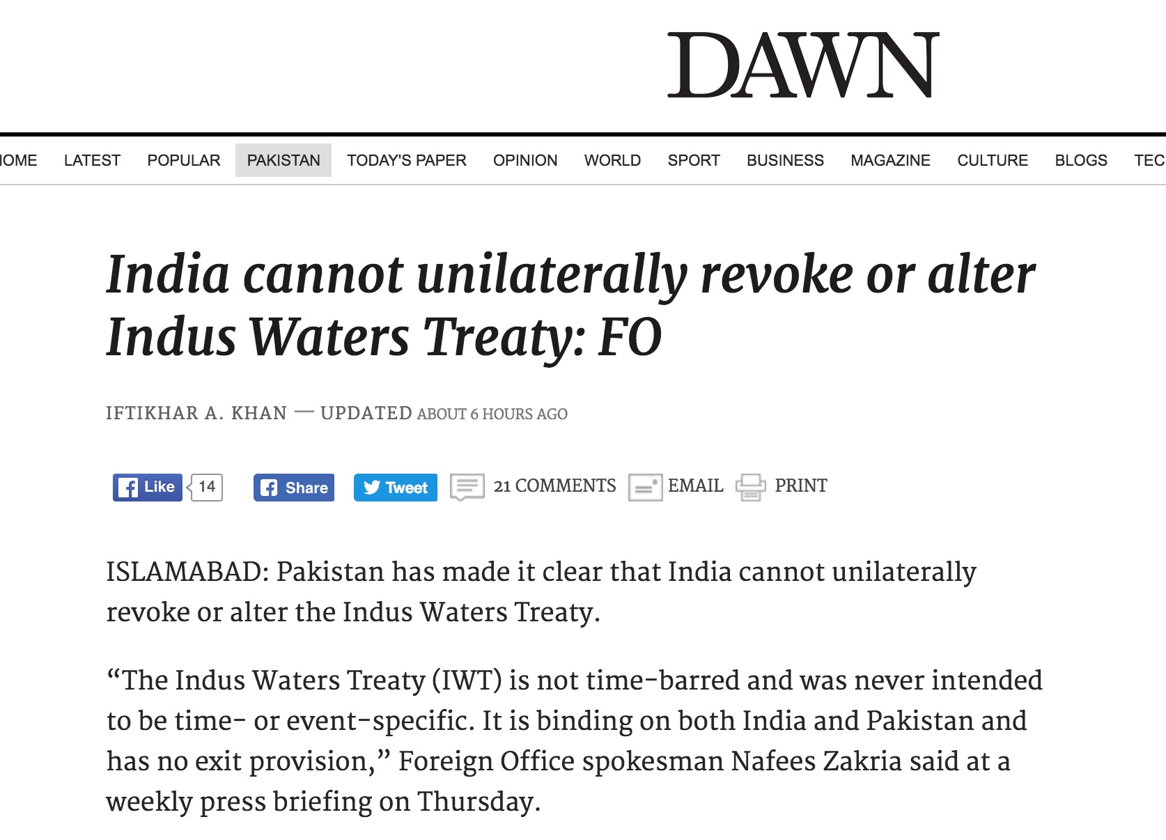 Le traité de l'Indus ne prévoit pas la sortie de l'un ou l'autre des pays. Copie d'écran de Dawn, le 7 octobre 2016