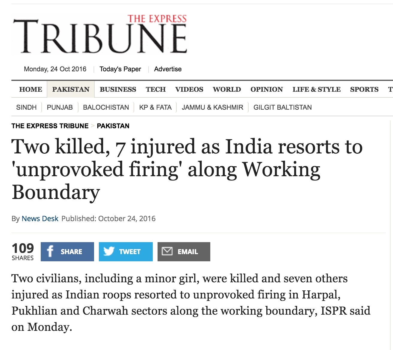 Deux civils ont été tués et cinq blessés dans une nouvelle attaque le long de la frontière du Cachemire. Copie d'écran de Tribune, le 24 octobre 2016