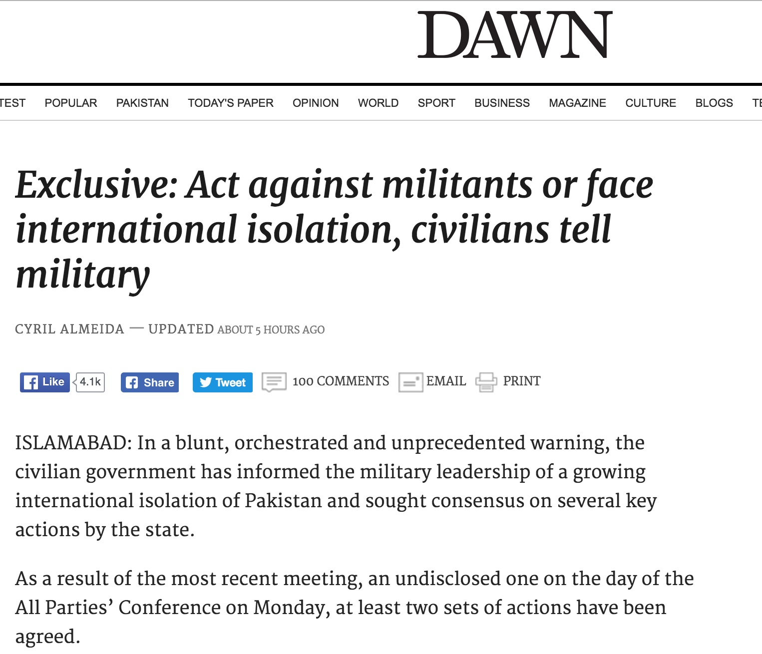 C'est inédit dans un pays souvent critiqué pour son manque d'action en matière de lutte contre le terrorisme. Copie d'écran du Dawn, le 6 octobre 2016.