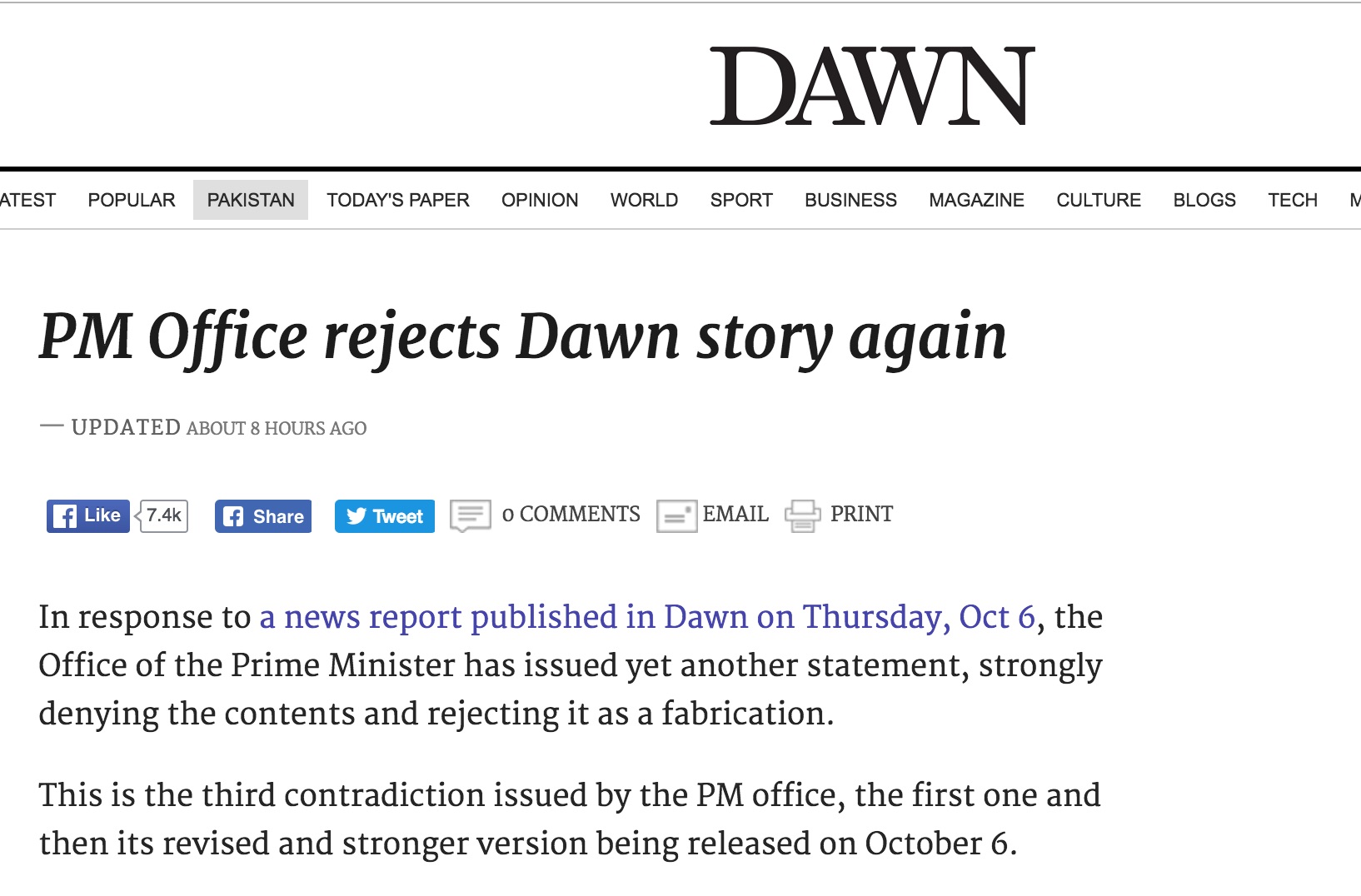 Le journal pakistanais est accusé d'avoir publié un article mensonger dans lequel le Premier ministre Nawaz Sharif aurait exprimé vouloir lutter contre le terrorisme. Copie d'écran de Dawn, le 11 octobre 2016.