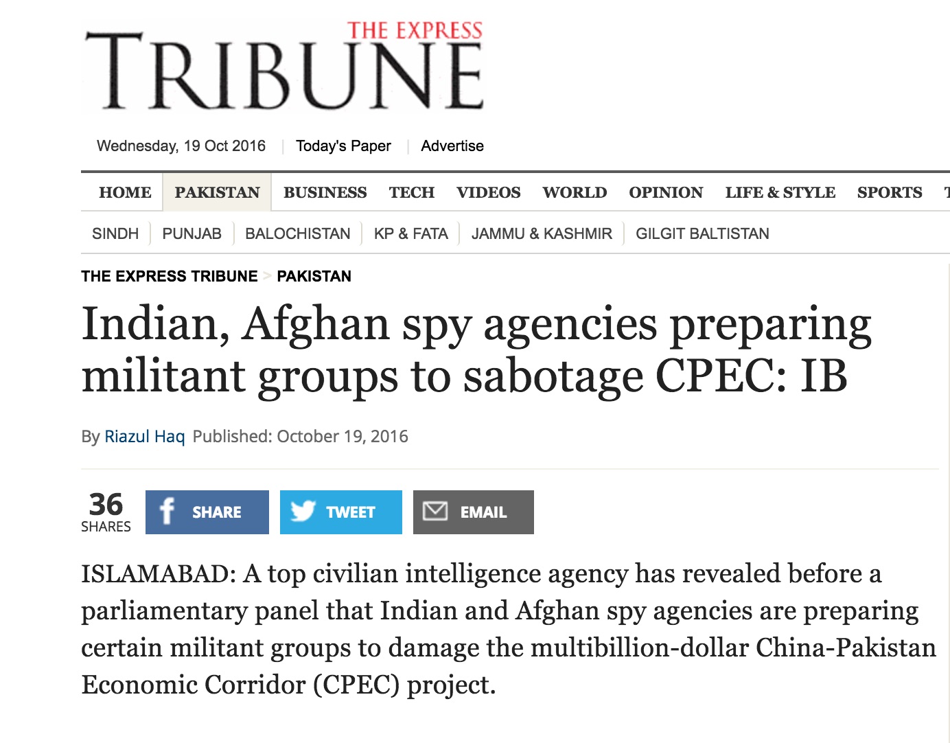 Le Pakistan accuse les services de renseignement indiens de se fournir en armes et soldats en Afghanistan pour nuire à Islamabad. Copie d'écran de The Tribune Express, le 19 octobre 2016.