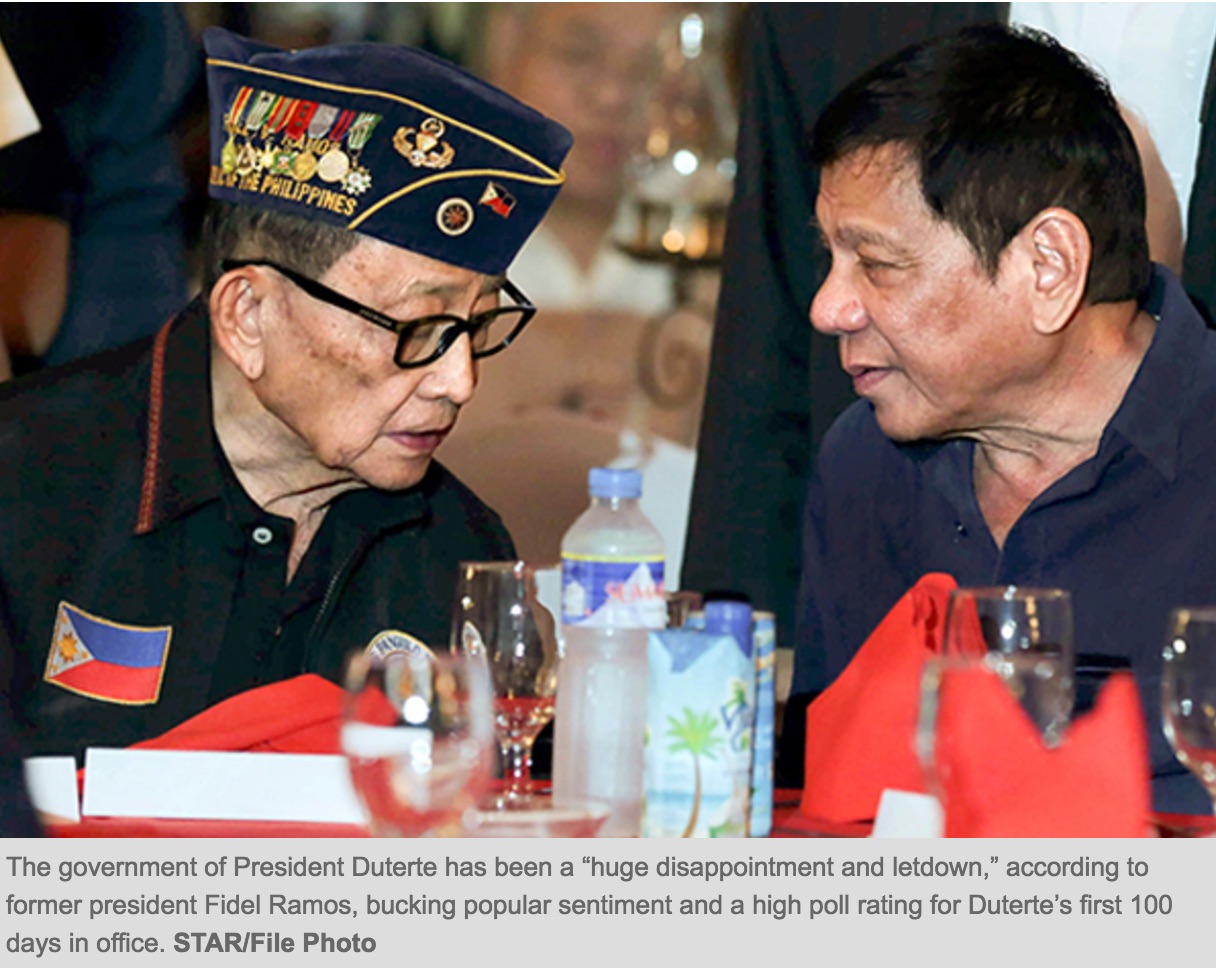 L'ancien président reproche avant tout à Duterte son agressivité envers les Etats-Unis. Copie d'écran du Philippines Star, le 11 octobre 2016.