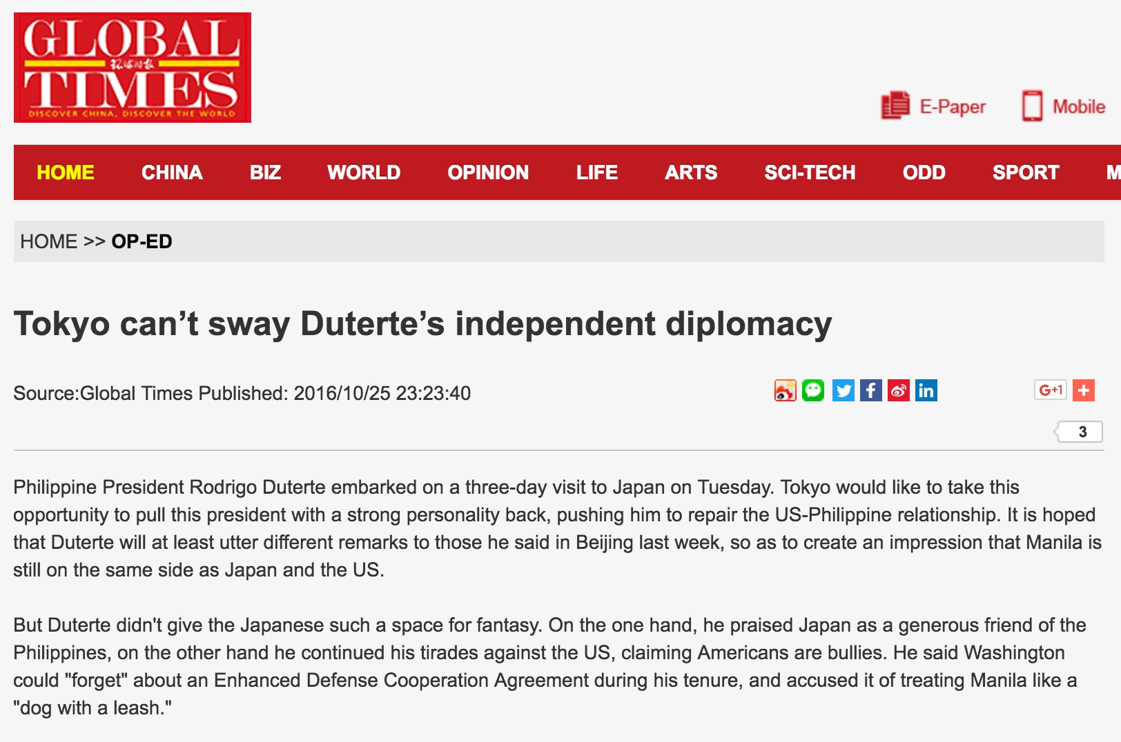 En annonçant sa séparation avec Washington, Duterte met en place une "diplomatie de l'indépendance". Copie d'écran du Global Times, le 26 octobre 2016.