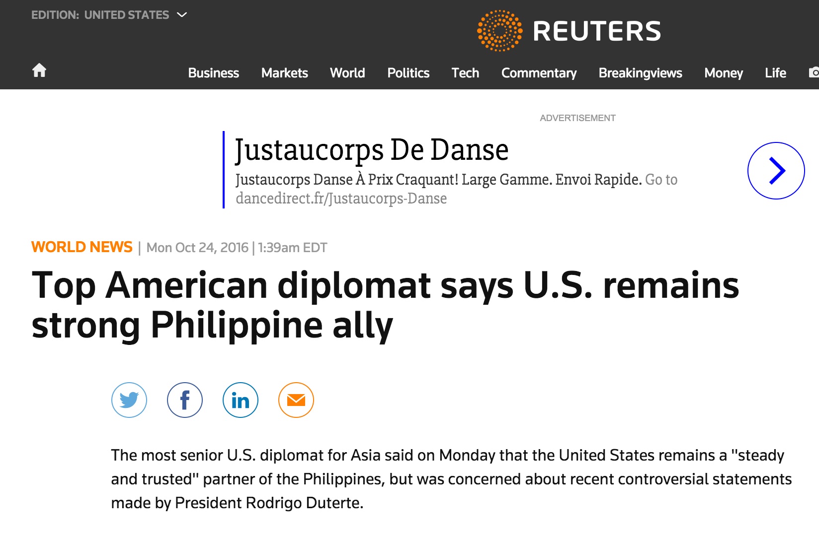 Dès samedi, Duterte nuançait ses propos précisant qu'il s'agissait avant tout de dépendre de moins en moins de Washington. Copie d'écran de Reuters, le 24 octobre 2016