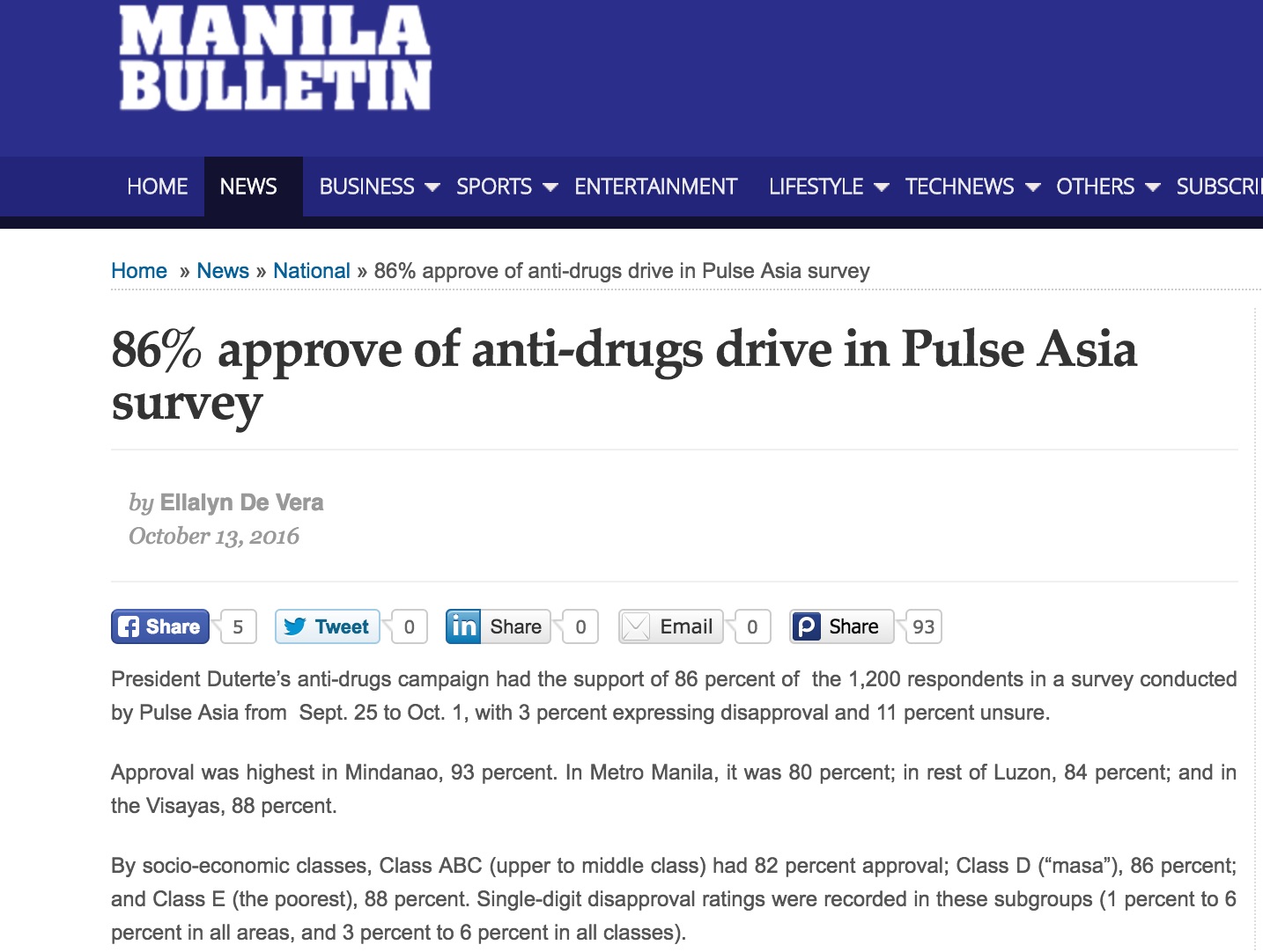 Parmi les Philippins les plus favorables à la lutte anti-drogue, les habitants de l'île de Mindanao. Copie d'écran du Manilla Bulletin, le 13 octobre 2016.