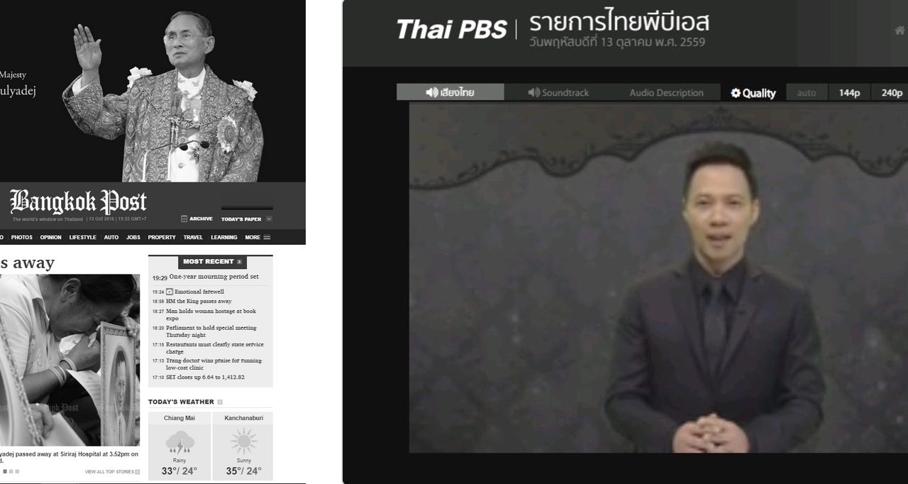 Les médias thaïlandais portent le deuil de leur roi. Copies d'écran du Bangkok Post et de Twitter, le 13 octobre 2016.