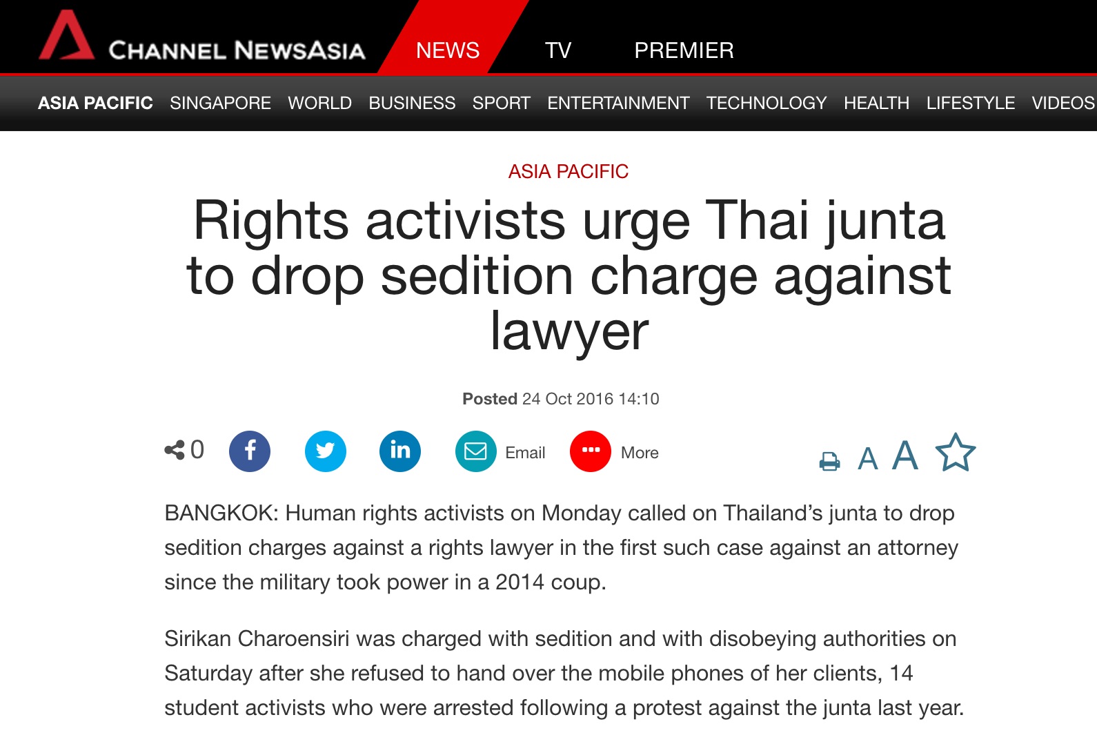 Pour la première fois depuis le coup d'Etat de mai 2014, une avocate est jugée pour sédition. Copie d'écran de Channel News Asia, le 24 octobre 2016
