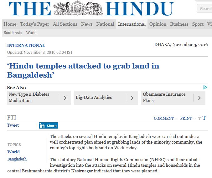 Au Bangladesh, la série récente d'attaques contre 15 temples hindous et une vingtaine de maisons seraient le fait d'un groupe organisé pour s'accaparer les terres. Copie d'écran de The Hindu, le 3 novembre 2016.