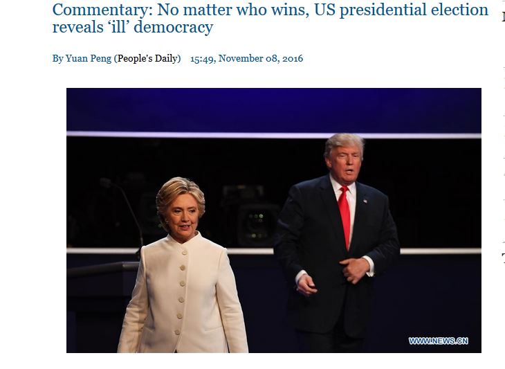 L'élection américaine ne sera en aucun cas "vue comme une victoire de la démocratie" prévient un commentateur du "Quotidien du Peuple". Copie d'écran du "Quotidien du Peuple", le 8 novembre 2016.