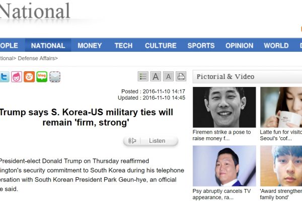 Contrairement à ses promesses de campagne, Trump a réaffirmé son engagement vis-à-vis de la Corée du Sud. Copie d'écran du Korea Times, le 10 novembre 2016.