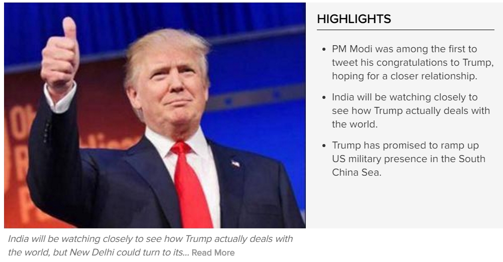 Pour l'Inde, la victoire de Donald Trump n'est pas forcément une mauvaise nouvelle. Copie d'écran du Times of India, le 10 novembre 2016.