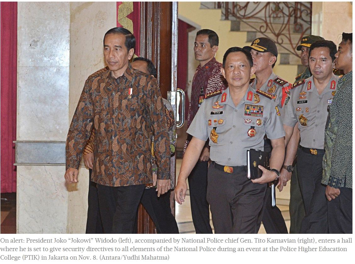Jokowi ne veut pas laisser impunis les responsables des émeutes du 4 novembre. Copie d'écran du Jakarta Post, le 8 novembre 2016.