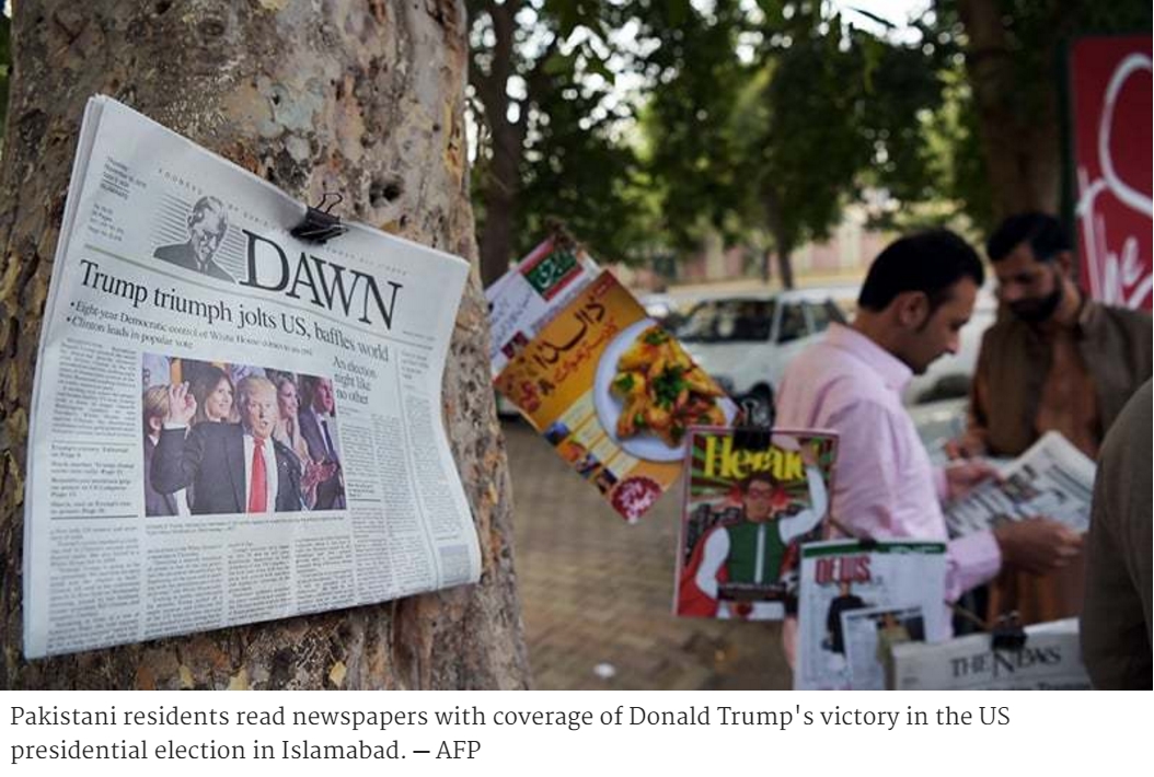 La rhétorique antimusulmane de Trump, désormais président élu des Etats-Unis, ne rassure pas les Pakistanais. Copie d'écran de Dawn, le 10 novembre 2016.