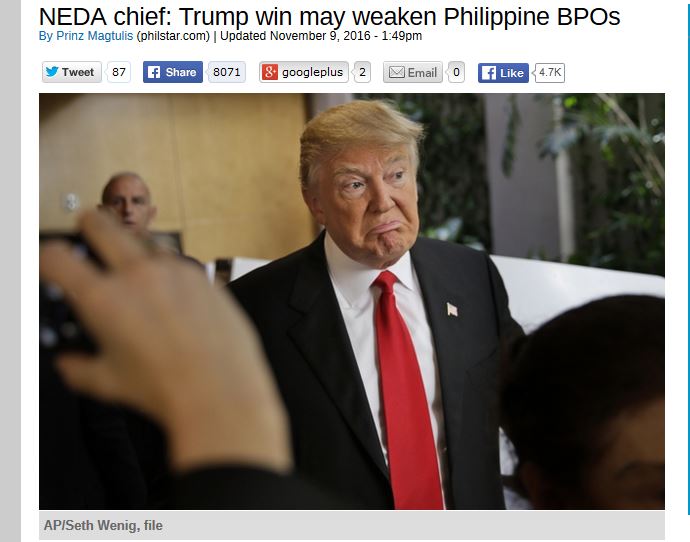 Pour Ernesto Pernia, le secrétaire philippin au Planning socio-économique, la victoire de Trump est de "mauvaise augure" pour l'économie du pays. Copie d'écran du "Philippine Star", le 9 novembre 2016.