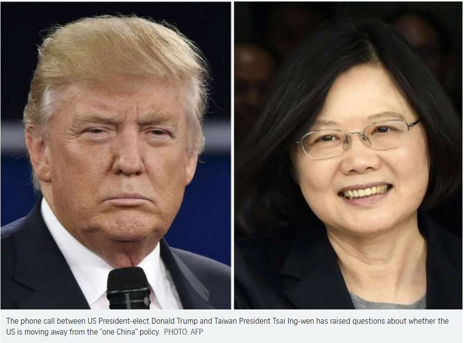 Vendredi 2 décembre, dans un mouvement historique, le président-élu des Etats-Unis Donald Trump a accepté un coup de fil de la présidente taïwanaise Tsai Ing-wen. Copie d'écran du Straits Times, le 5 décembre 2016.