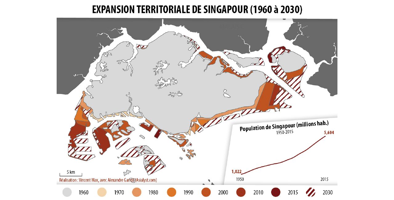 Carte de l'expansion territoriale de Singapour, de 1960 à 2030 (projection)