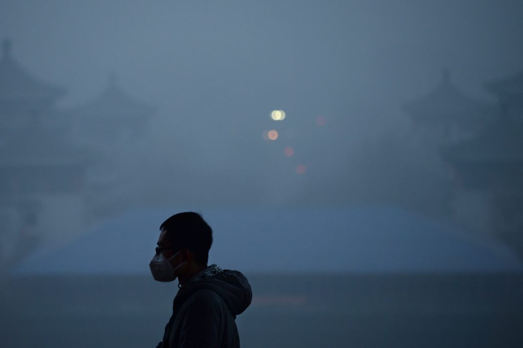 Un homme portant un masque se promène dans un parc à Pékin, le 20 Décembre 2016. (Crédit : WANG ZHAO / AFP).
