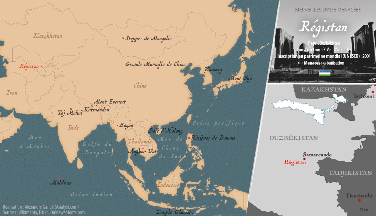 Carte des merveilles menacées d'Asie retenues par Asialyst et localisation du Régistan, en Ouzbékistan (ville de Samarcande).