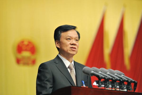 Chen Min'er, chef du parti de la province chinoise du Guizhou lors de la 3ème de la 12ème session de l'Assemblée national populaire provinciale, à Guiyang le 26 janvier 2015. (Crédits : Zhui ying / Imaginechina / via AFP)