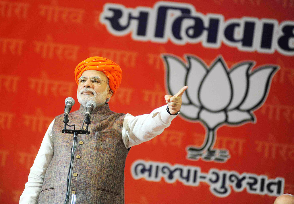 Le Premier ministre Narendra Modi lors d'un meeting du BJP à Tri mandir dans le Gujarat Gujarat le 16 septembre 2014. (Crédits : The Times of India/Yogesh Chawda/via AFP)