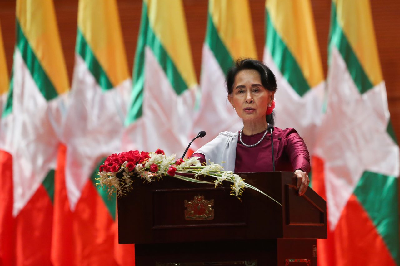 Aung San Suu Kyi lors de son discours à la nation du 19 septembre 2017. (Crédit : AFP PHOTO / Ye Aung THU)