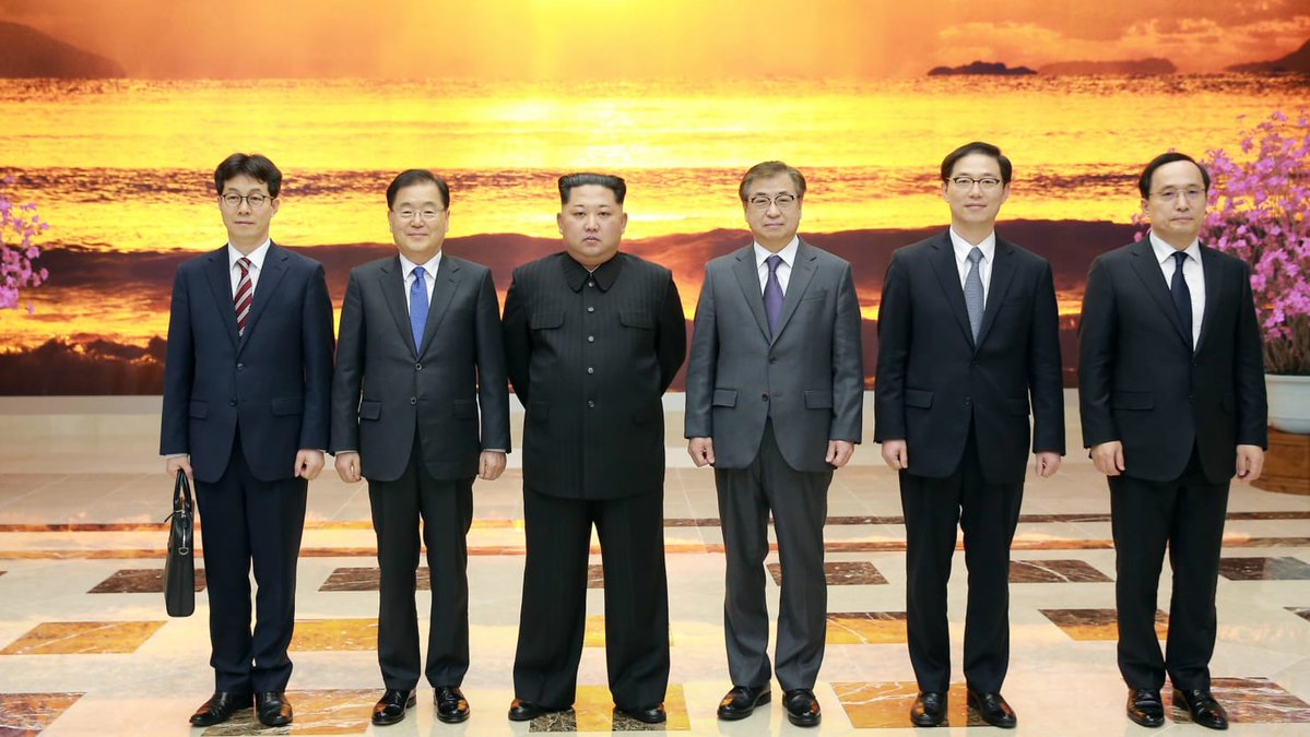 Kim Jong-un recoit une délégation sud-coréenne, dont le chef des services de renseignements à Pyongyang les 5 et 6 mars 2018. (Crédit : KCNA)