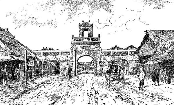 Porte de la rue Dupuis, à Hanoï (d’après une photographie d'Albert Seigneurie, auteur du "Tour du monde d'un épicier). (Crédits : Tohu Bohu)