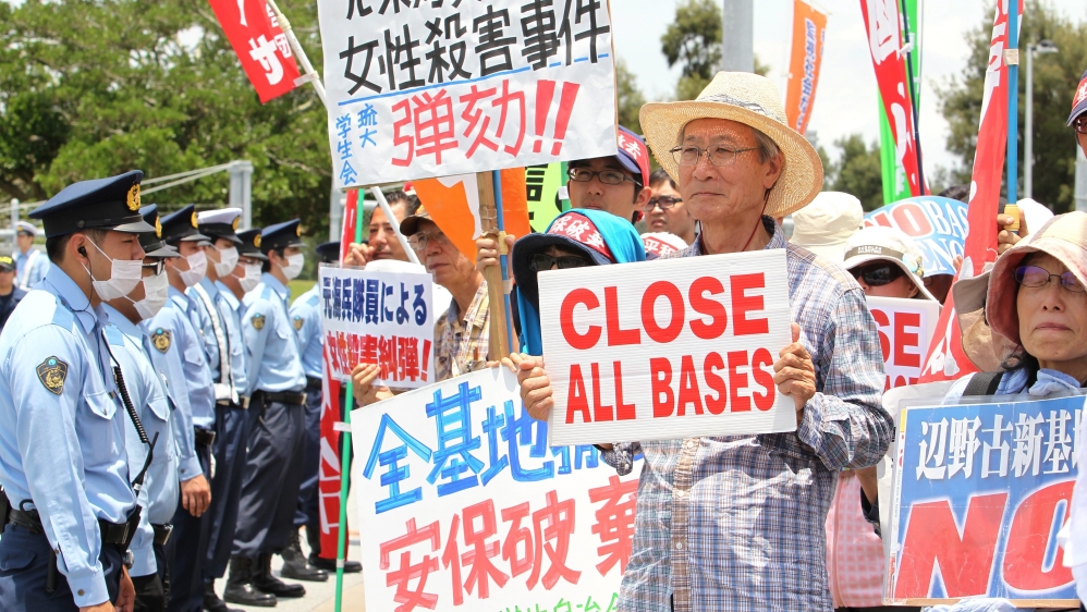 Manifestation contre la présence des bases américaines à Okinawa, le 15 janvier 2018. (Source : World Beyond War)