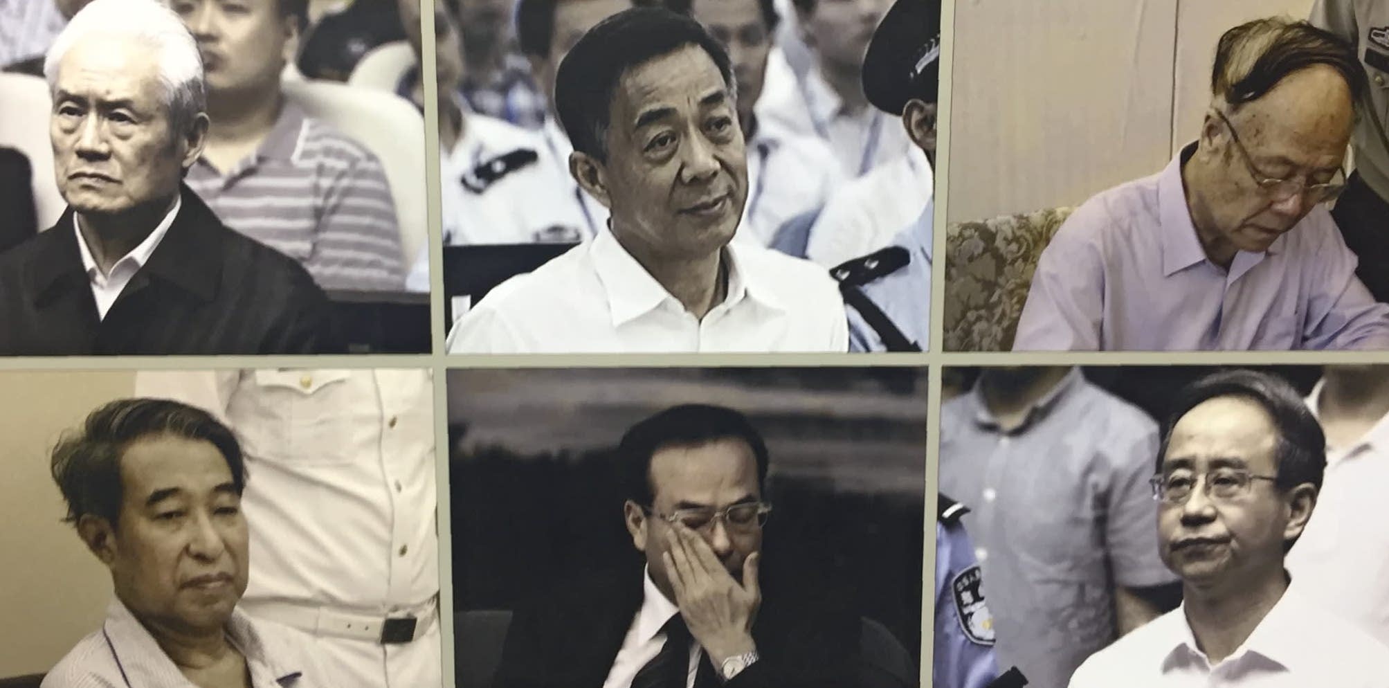 La "Nouvelle bande des quatre" et leurs alliés constituent, selon le Parti, le groupe présumé qui a tenté de prendre le pouvoir à la place de Xi Jinping en 2012. Les "Quatre" : Zhou Yongkang (en h. à g.), Bo Xilai (en h. au centre), Xu Caihou (en bas à g.) et Ling Jihua (en bas à d.). Deux de leurs "alliés" déchus dans leur sillage : Sun Zhengcai (en bas au centre) et Guo Boxiong (en h. à d.). (Source : Asia Nikkei)
