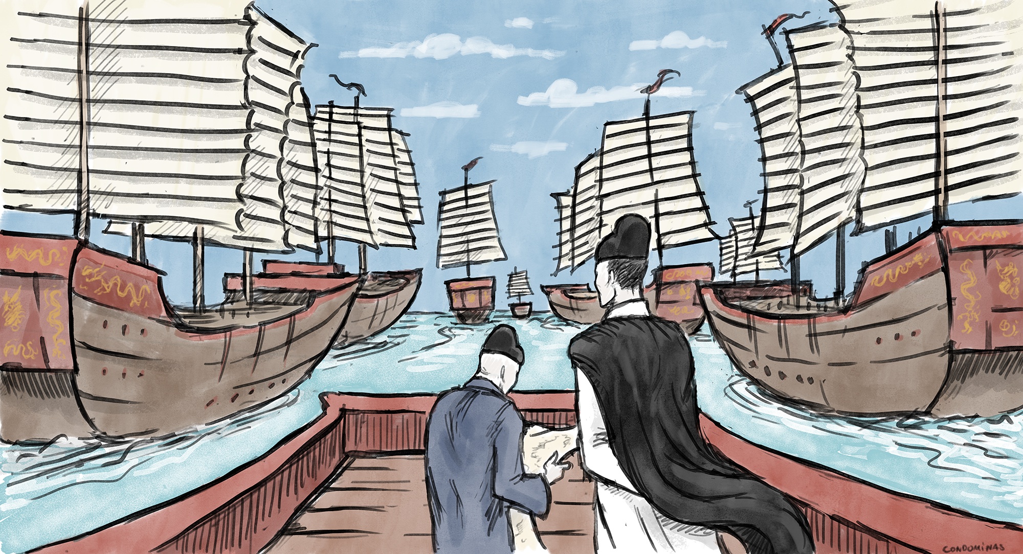 L'Amiral chinois Zheng He lors d'une de ses expéditions. Dessin : Baptiste Condominas. (Copyright : Baptiste Condominas)