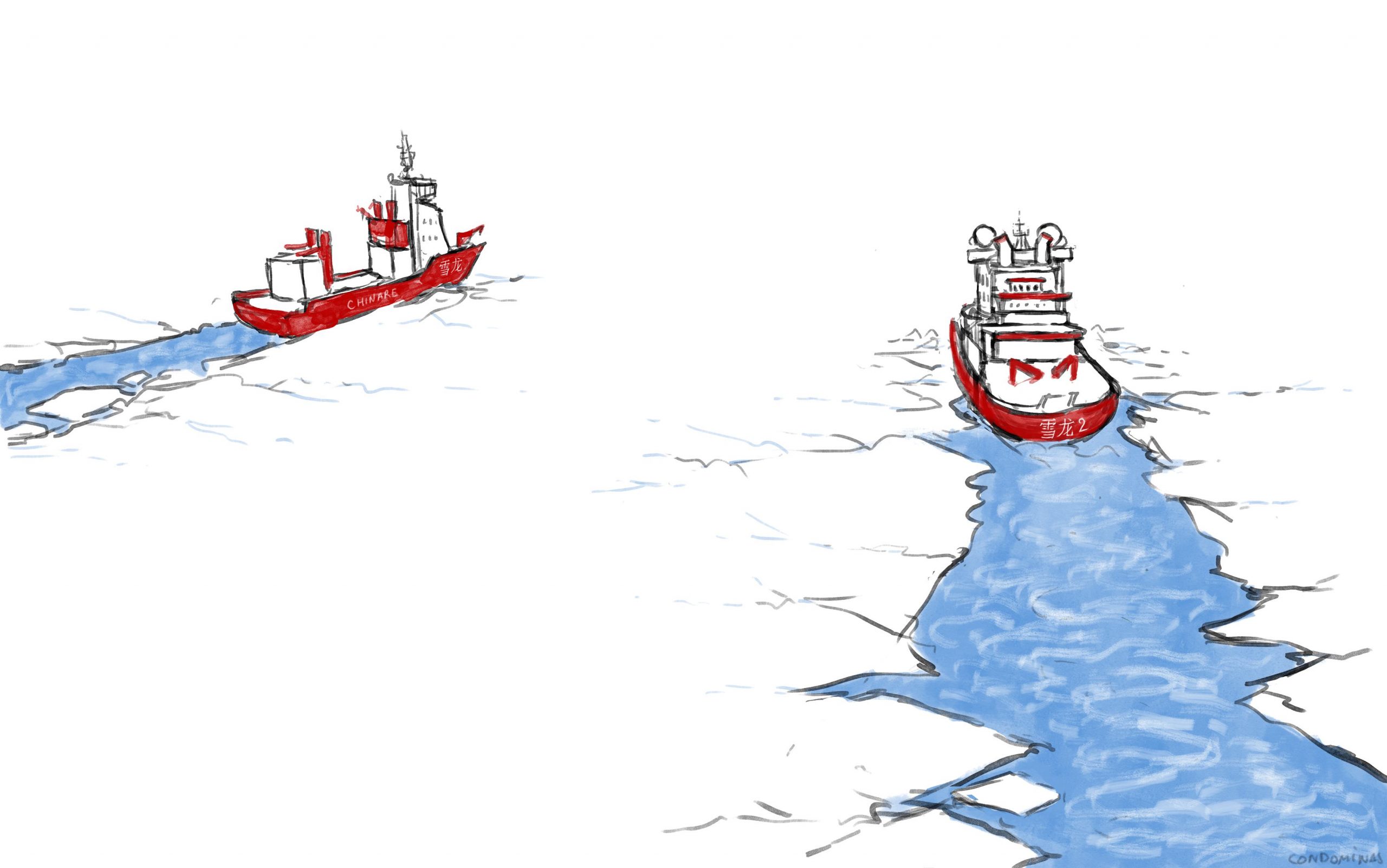Les deux brises-glaces de la Chine dans le cercle arctique : le Xuelong (Dragon des neiges) et le Xuelong 2. Dessin : Baptiste Condominas. (Copyright : Baptiste Condominas pour Asialyst)