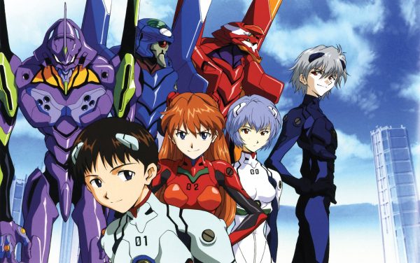 Les "Evangelion" et leurs pilotes dans la série d'animation "Neon Genesis Evangelion" Hideaki Anno. (Source : Wallpaperup)