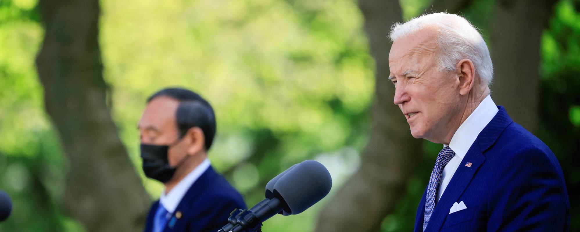 Le président américain Joe Biden lors de sa conférence de presse conjointe avec le Premier ministre japonais Yoshihide Suga, à la Maison Blanche le 16 avril 2021. (Source : Japan Times)