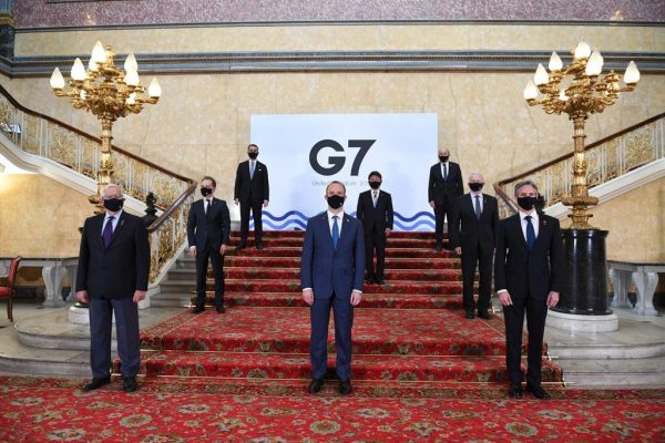 Les ministres des Affaires étrangères du G7 à Londres, le 5 mai 2021. (Source : Yahoo News)