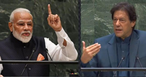 Le Premier ministre indien narendra Modi et son homologue pakistanais Imran Khan à la tribune de l'Assemblée générale des Nations Unies, respectivement les 25 et le 24 septembre 2021. (Source : Scroll.in)