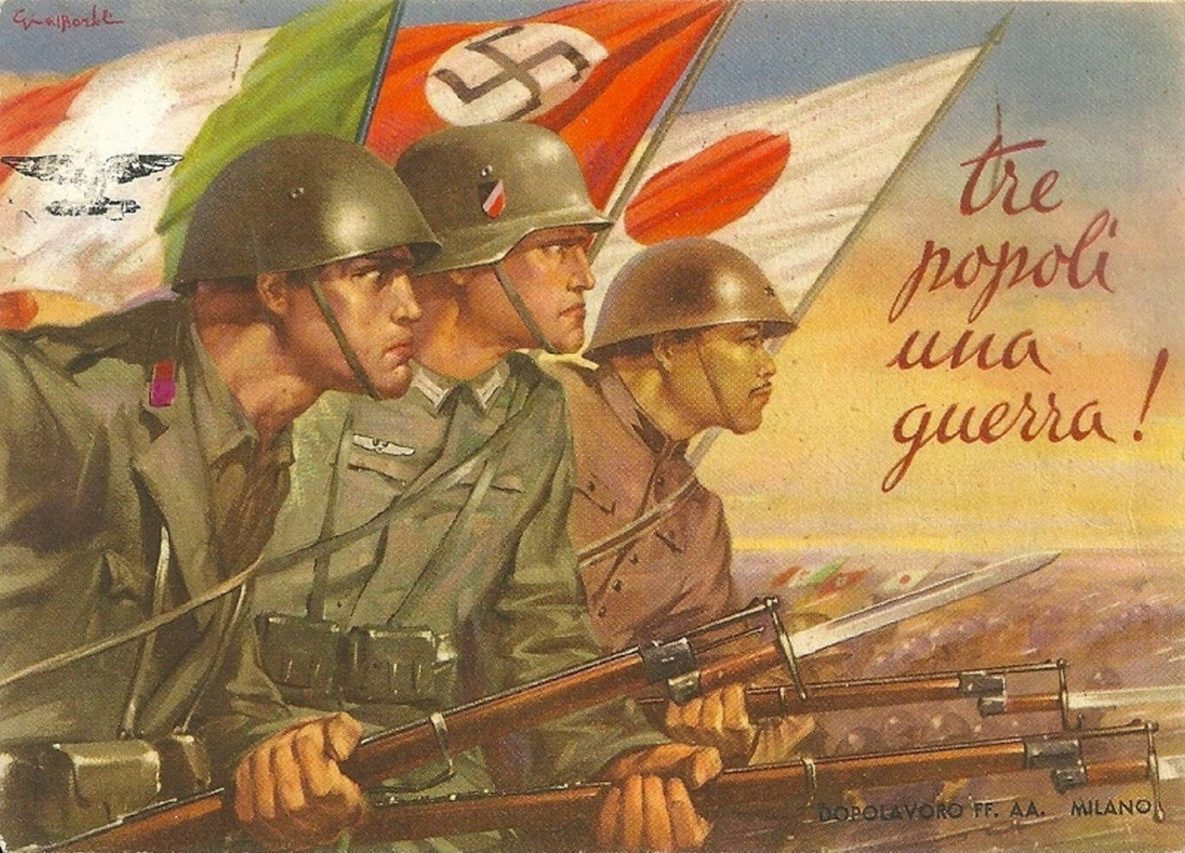 "Trois peuples, une guerre" : affiche de propagande italienne durant la Seconde Guerre mondiale figurant l'Alliance des pays de l'Axe : l'Allemagne nazie, l'Italie fasciste et le Japon militariste. (Source : Viper)