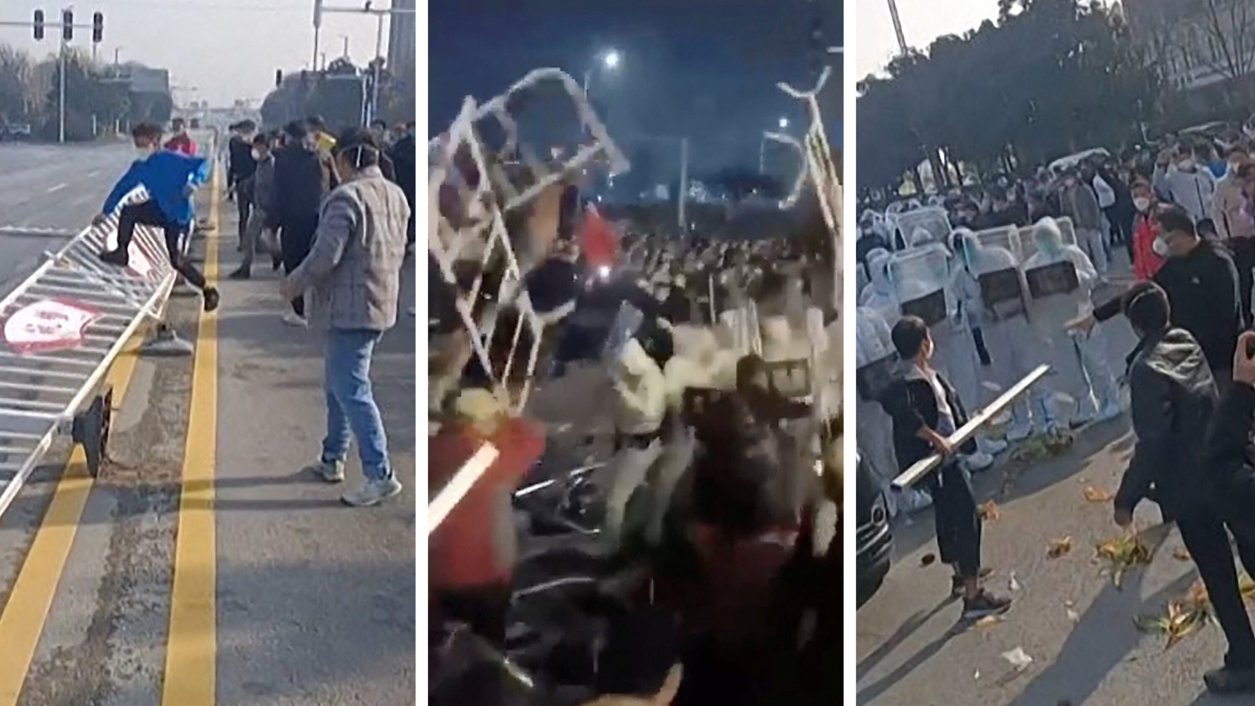 Des vidéos postées sur les réseaux sociaux le 23 novembre 2022 chinois montrent des ouvriers se heurtant aux policiers anti-émeutes en combinaison anti-Covid lors de manifestations à l'usine de fabrication d'iPhone de Foxconn à Zhengzhou, dans la province centrale du Hunan. (Source : NYT)