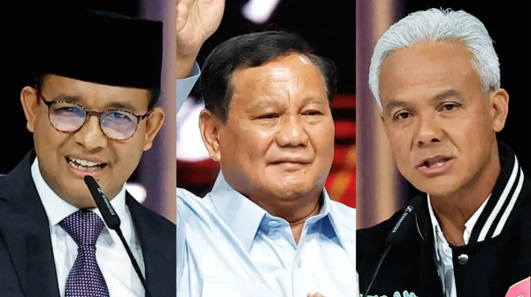 Les trois principaux candidats à l'élection présidentielle en Indonésie, de gauche à droite : Anies Badeswan, Prabowo Subiante et Ganjar Pranowo. (Source : Nikkei Asia)