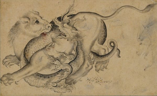 Lion et Dragon combattants, peinture iranienne du XVIIIe siècle de Muhammad Baqir, Metropolitan Museum of Art à New York. DR.