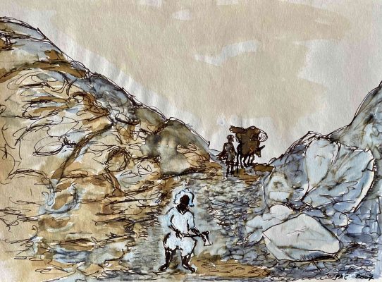 Dasrath Manjhi dans son labeur – dessin de l’auteur.