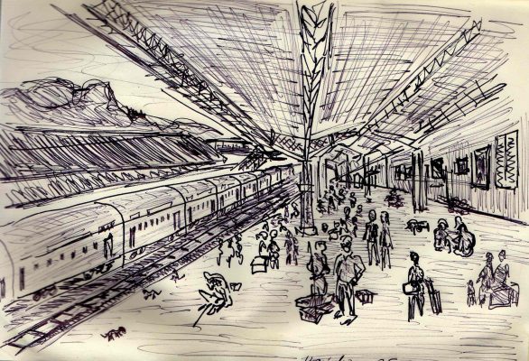 Gare des Indian Railways – dessin à l’encre de l’auteur