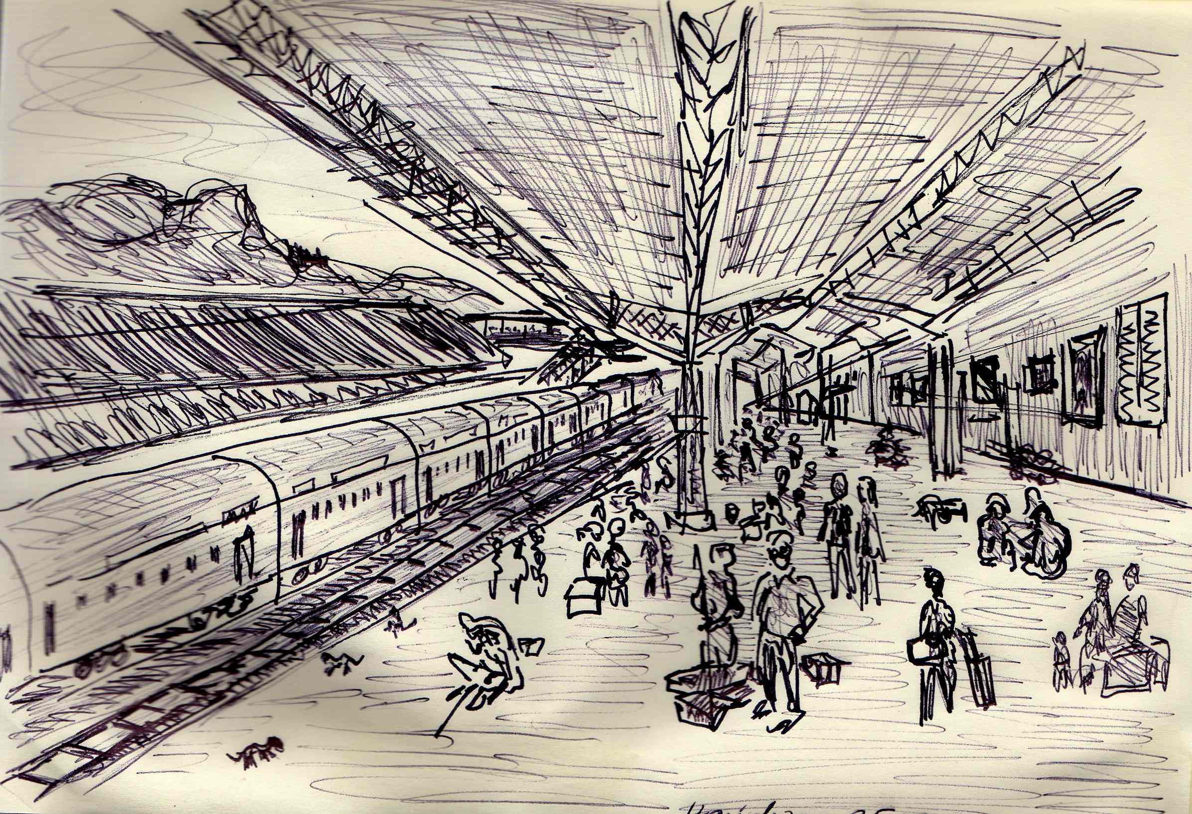 Gare des Indian Railways – dessin à l’encre de l’auteur