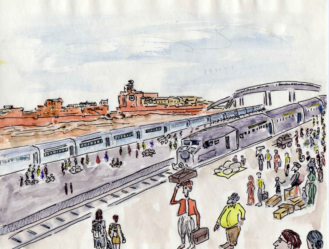 Gare de New Delhi Railway Station – dessin aquarelle de l’auteur