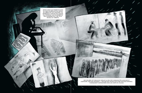 Double page de Erkin Azat, lanceur d’alerte des camps ouïghours, scénario Erkin Azat, dessin Luxi, Delcourt (Crédit Delcourt)
