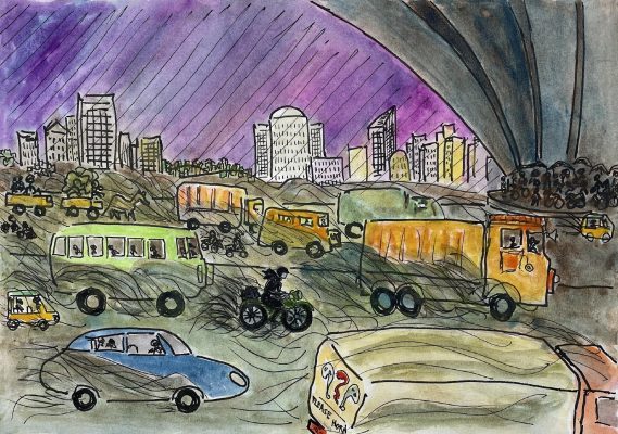 En route pour Delhi sous le déluge, près de Gurgaon – dessin aquarelle de l’auteur.