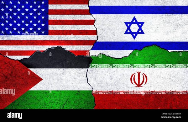 Les drapeaux des Etats-Unis, d'Israël, de la Palestine et de l'Iran. DR.