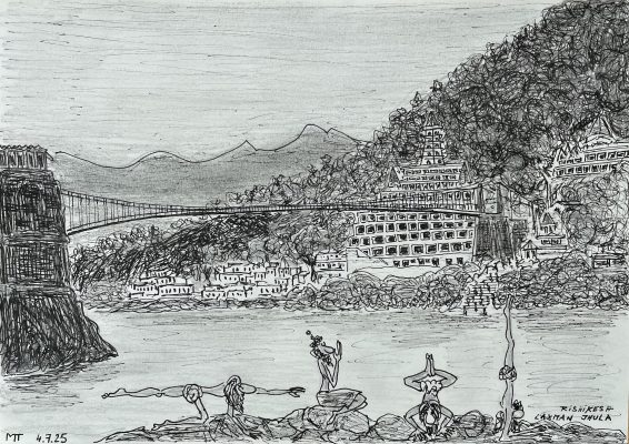 Rishikesh, vu du pont suspendu à Laxman Juhla – dessin de l’auteur